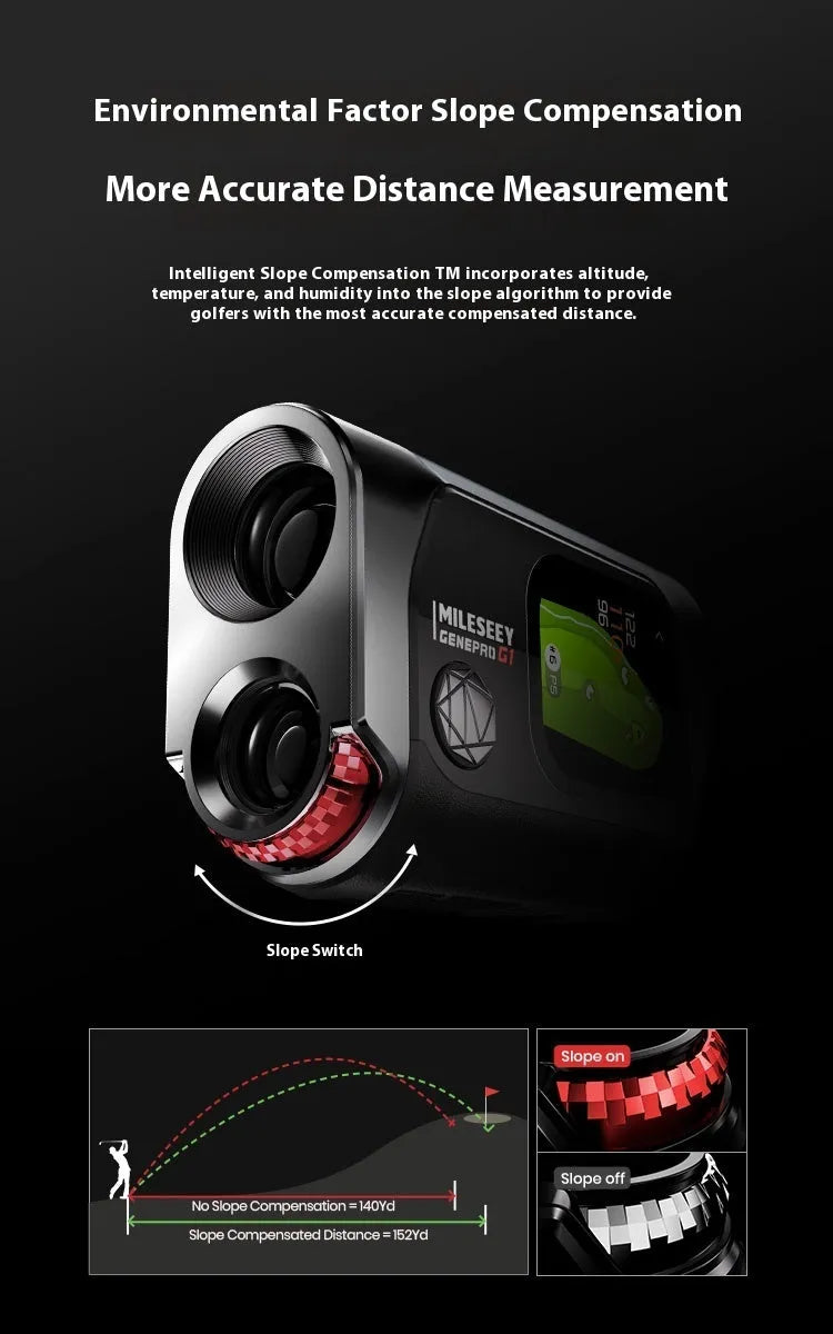GenePro G1 golf laser rangefinder with GPS showing AMOLED touchscreen display and compact black design
