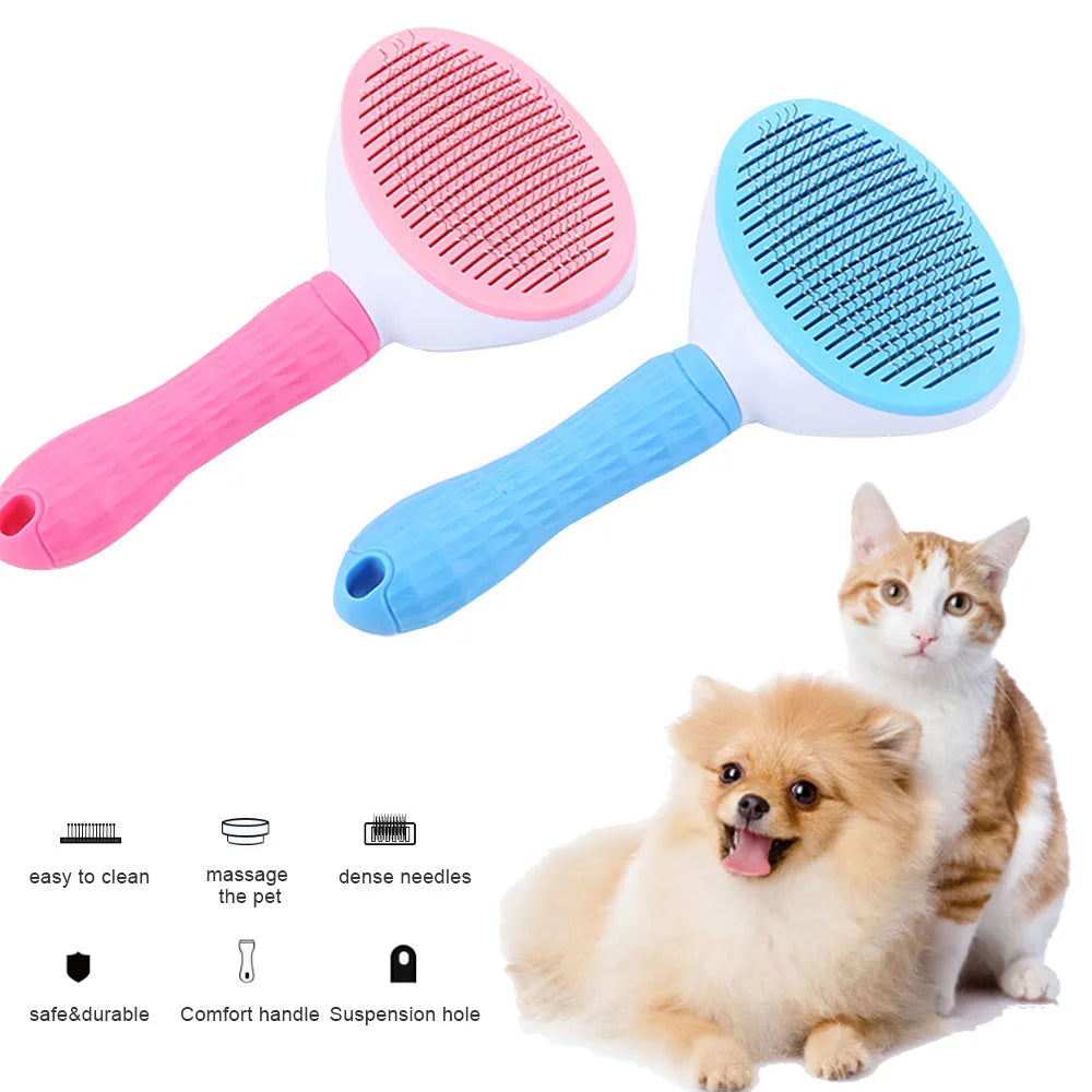 Blue pet self-cleaning comb with thick steel needles on a white background, showing ergonomic TPR handle