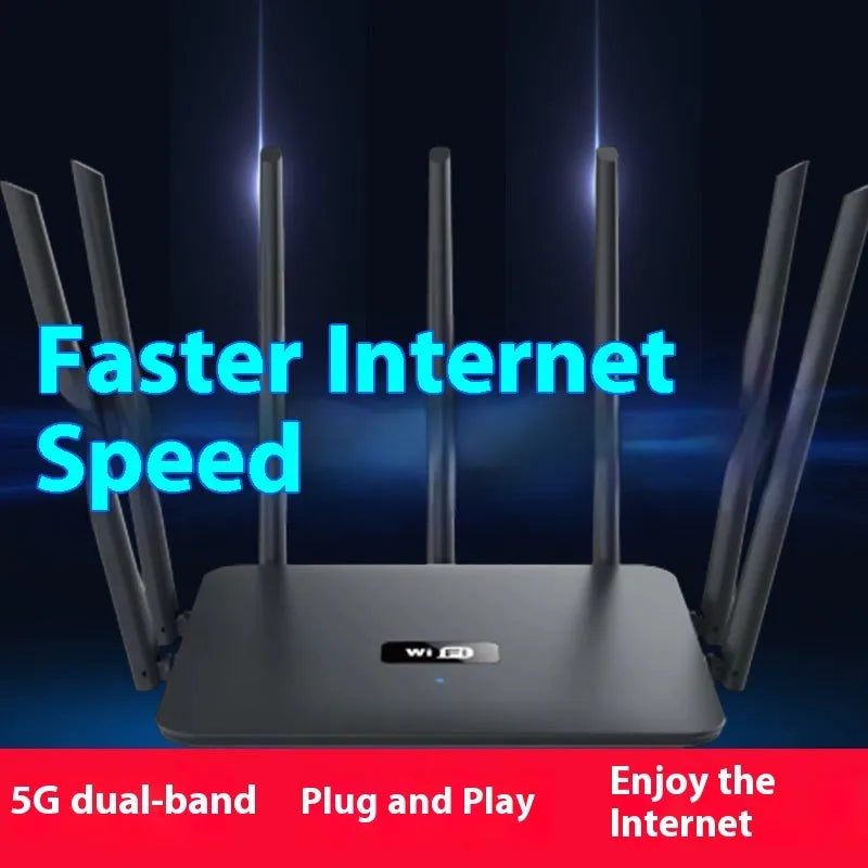 Black and white dual-frequency 5G Gigabit router with multiple antennas for through-wall WiFi coverage