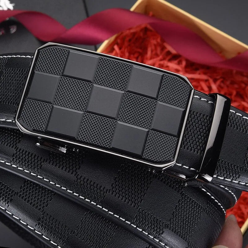 Men's genuine leather automatic buckle belt in carved plaid design on white background