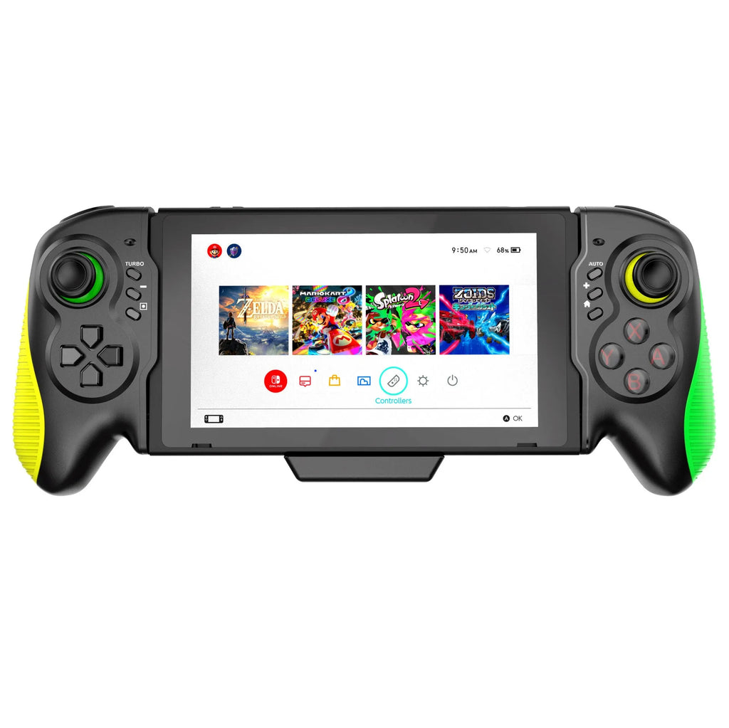 Yellow-green game controller with in-line handles for Nintendo Switch and PC, showing USB Type-C port.