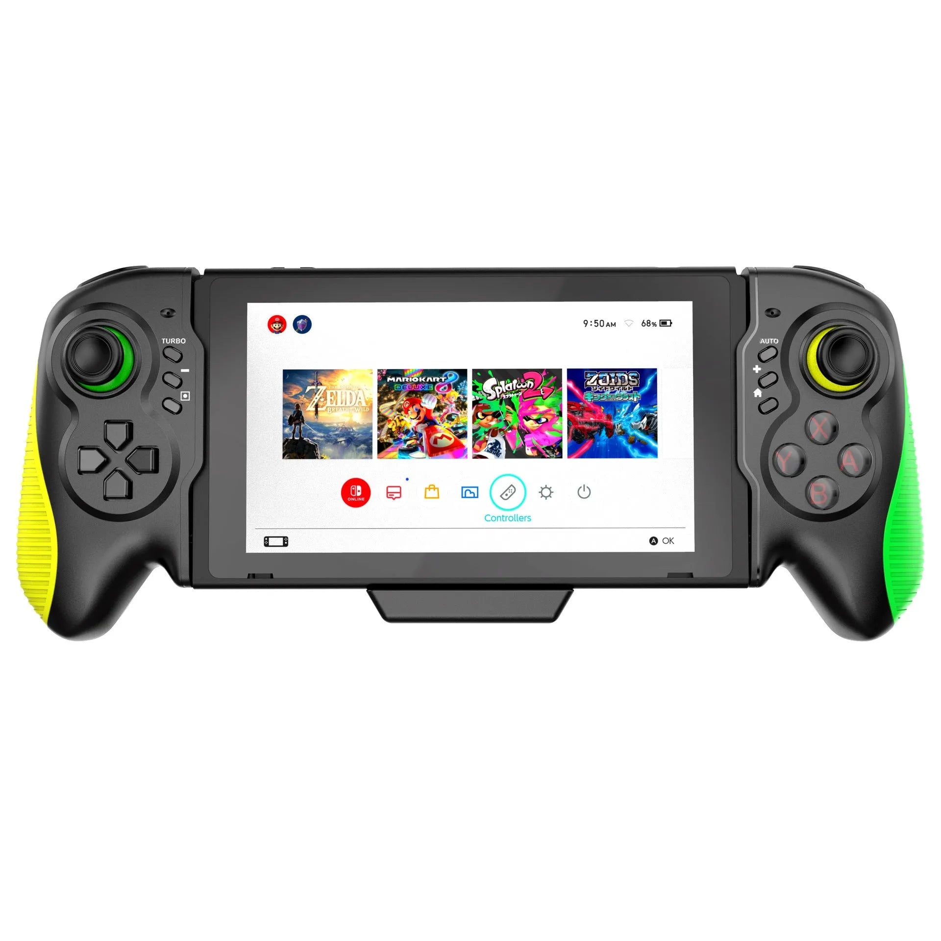 Yellow-green game controller with in-line handles for Nintendo Switch and PC, showing USB Type-C port.