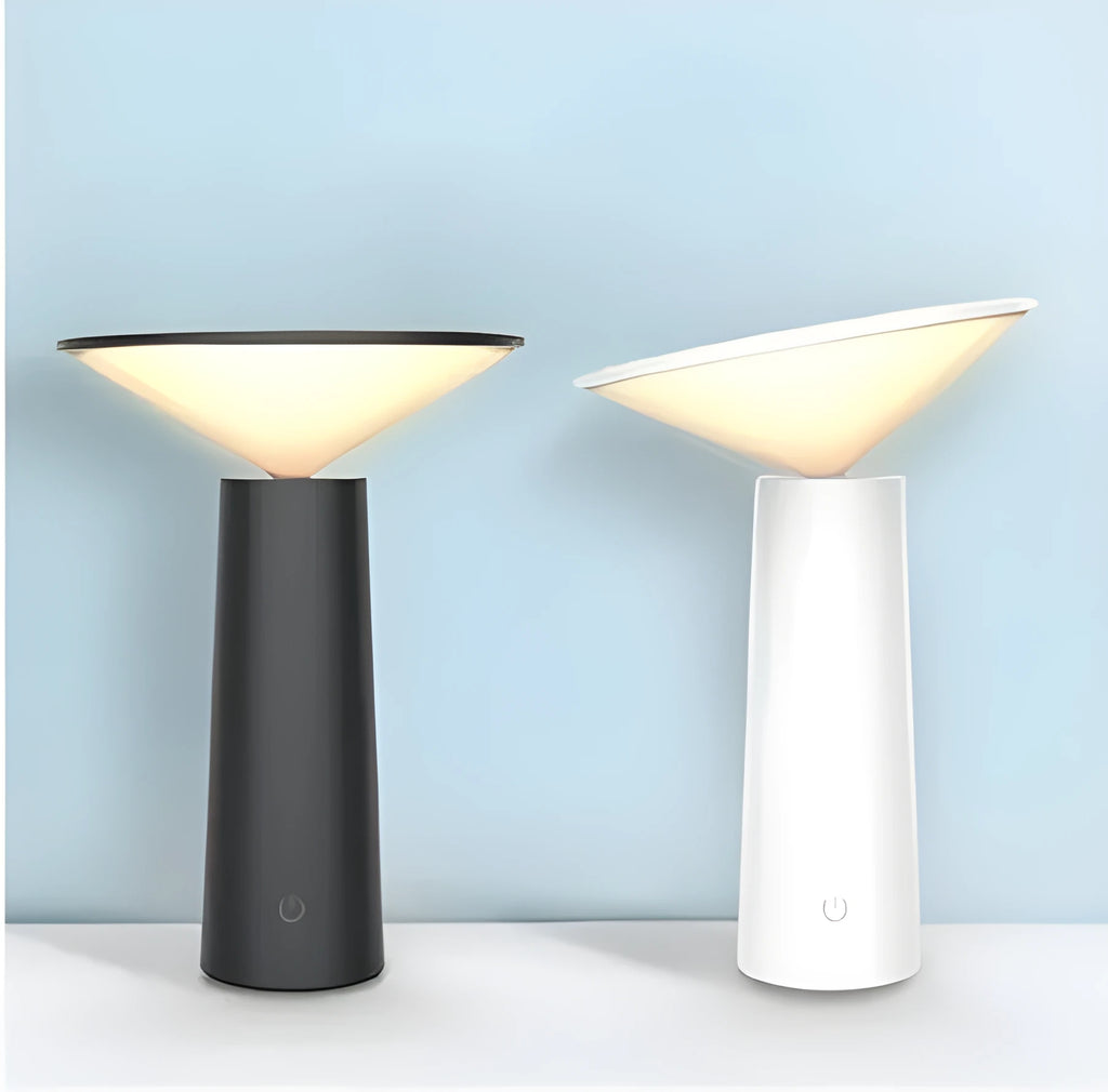 Black USB LED table lamp with touch sensor and adjustable head on wooden desk