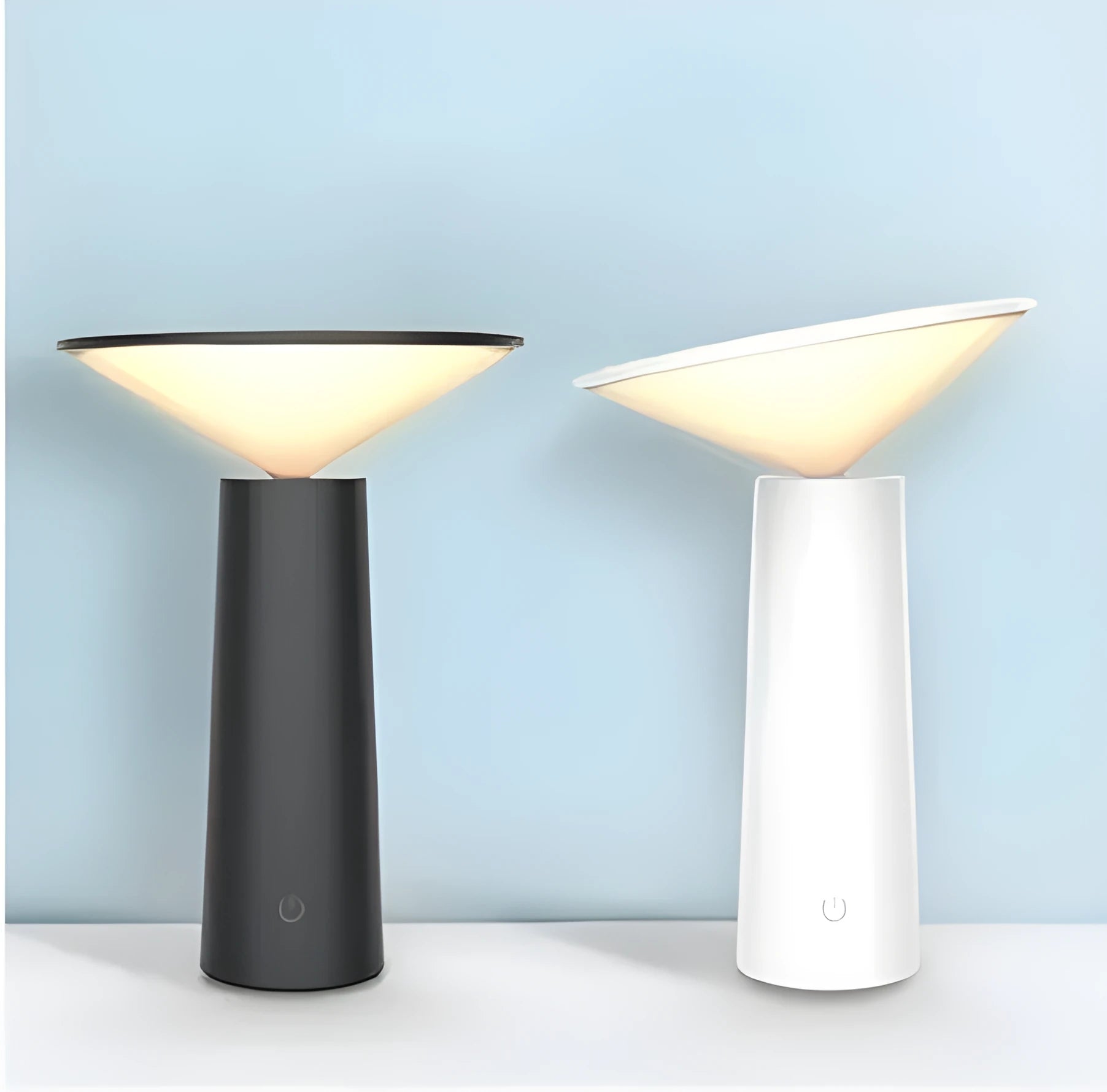 Black USB LED table lamp with touch sensor and adjustable head on wooden desk