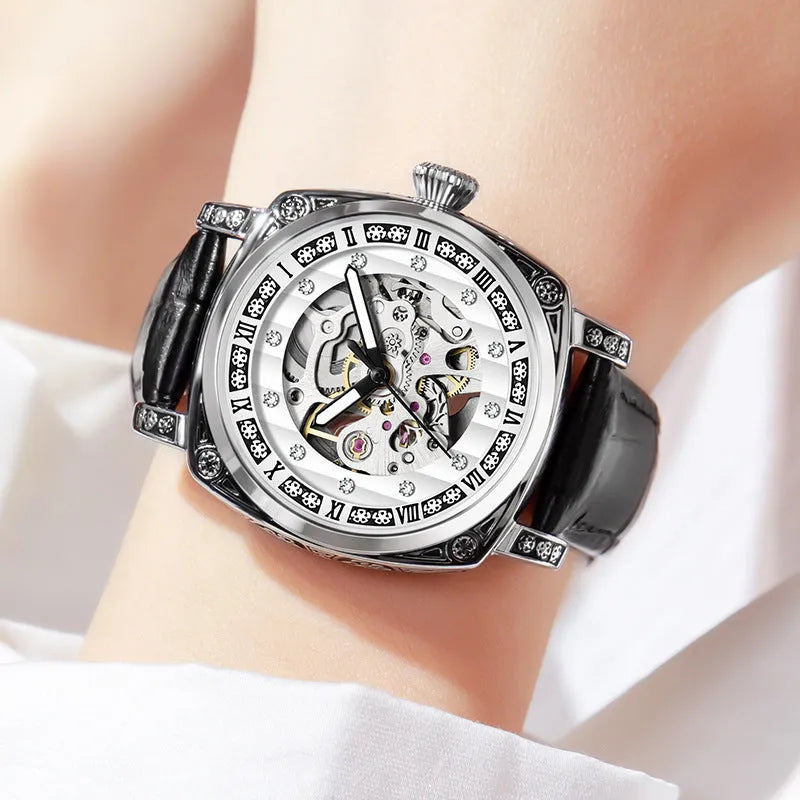 Men's mechanical watch with luminous hands on a leather strap, shown in black, red, steel, and white colour options.