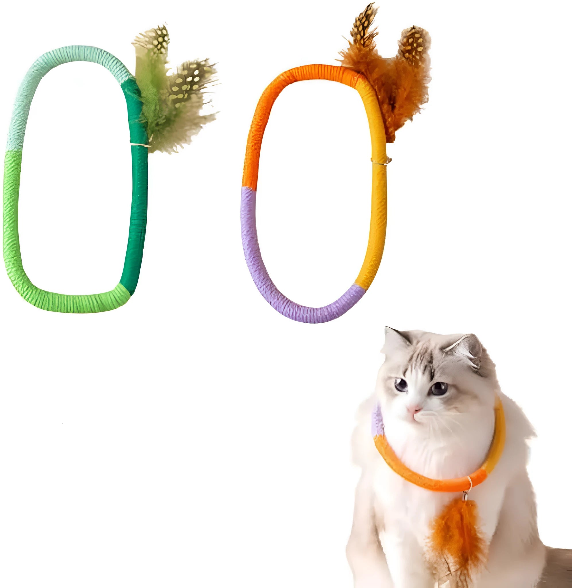 Green circular cotton rope cat toy with feather attachments for chewing and interactive play