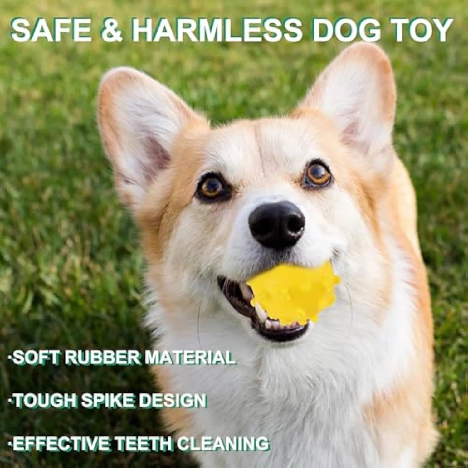 Blue, green, pink, and yellow squeaky dog balls with a spiky texture and paw print dimples.
