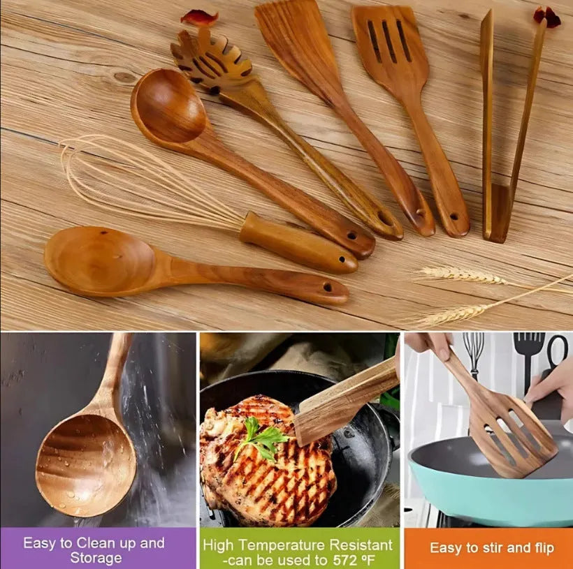 Set of 7 wooden cooking utensils including spoons and shovels arranged on a kitchen surface