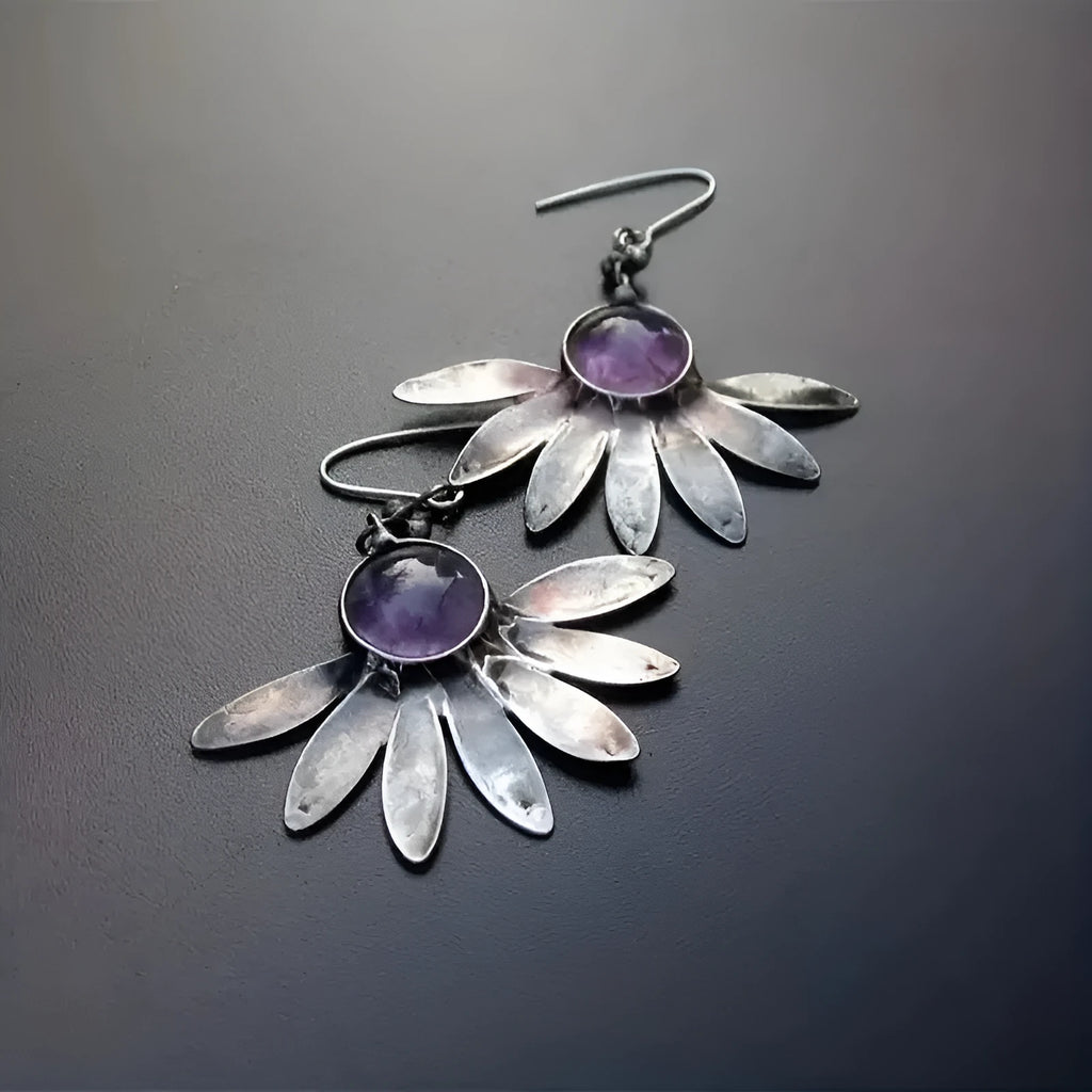 Purple Bohemian style resin gemstone flower earrings with animal zodiac design on alloy background