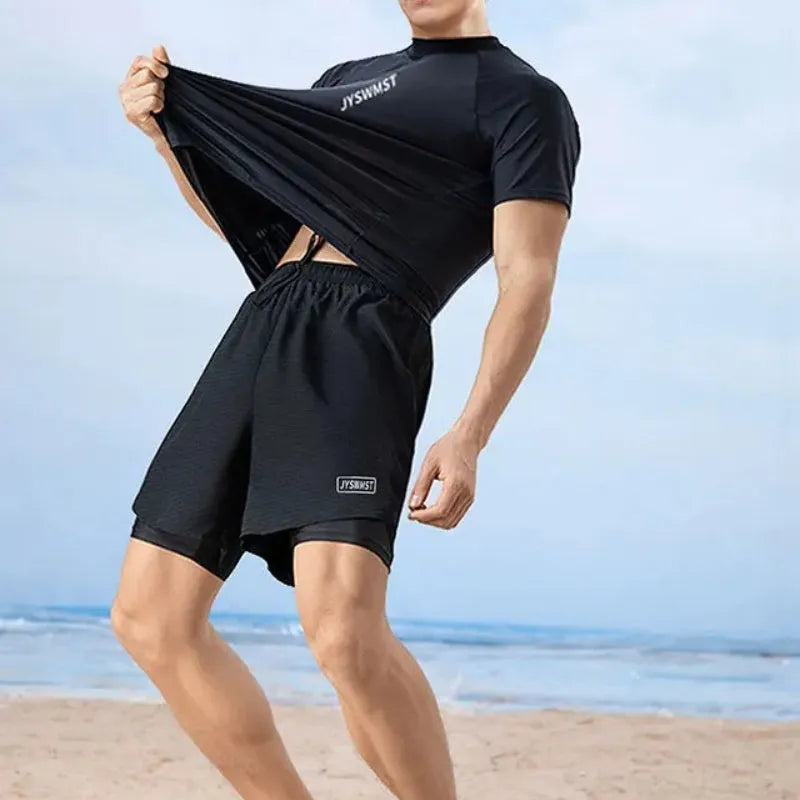 Men's plus size polyester swimsuit set with top and swimming trunks