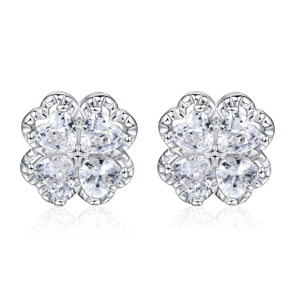 Zeng Yin heart-shaped 925 silver earrings with zircon stones and four-leaf clover design