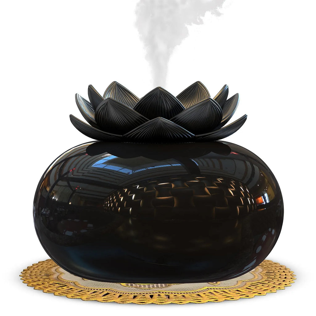 Pure black round lotus aromatherapy humidifier with USB cable and ceramic accents