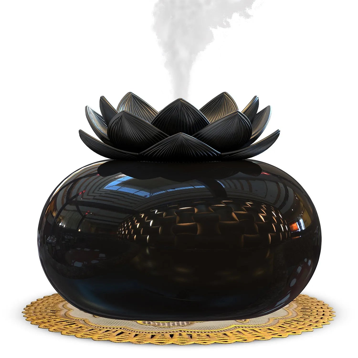 Pure black round lotus aromatherapy humidifier with USB cable and ceramic accents