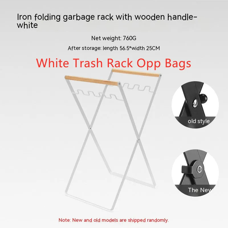Iron and wooden folding trash storage rack for outdoor rubbish bags.