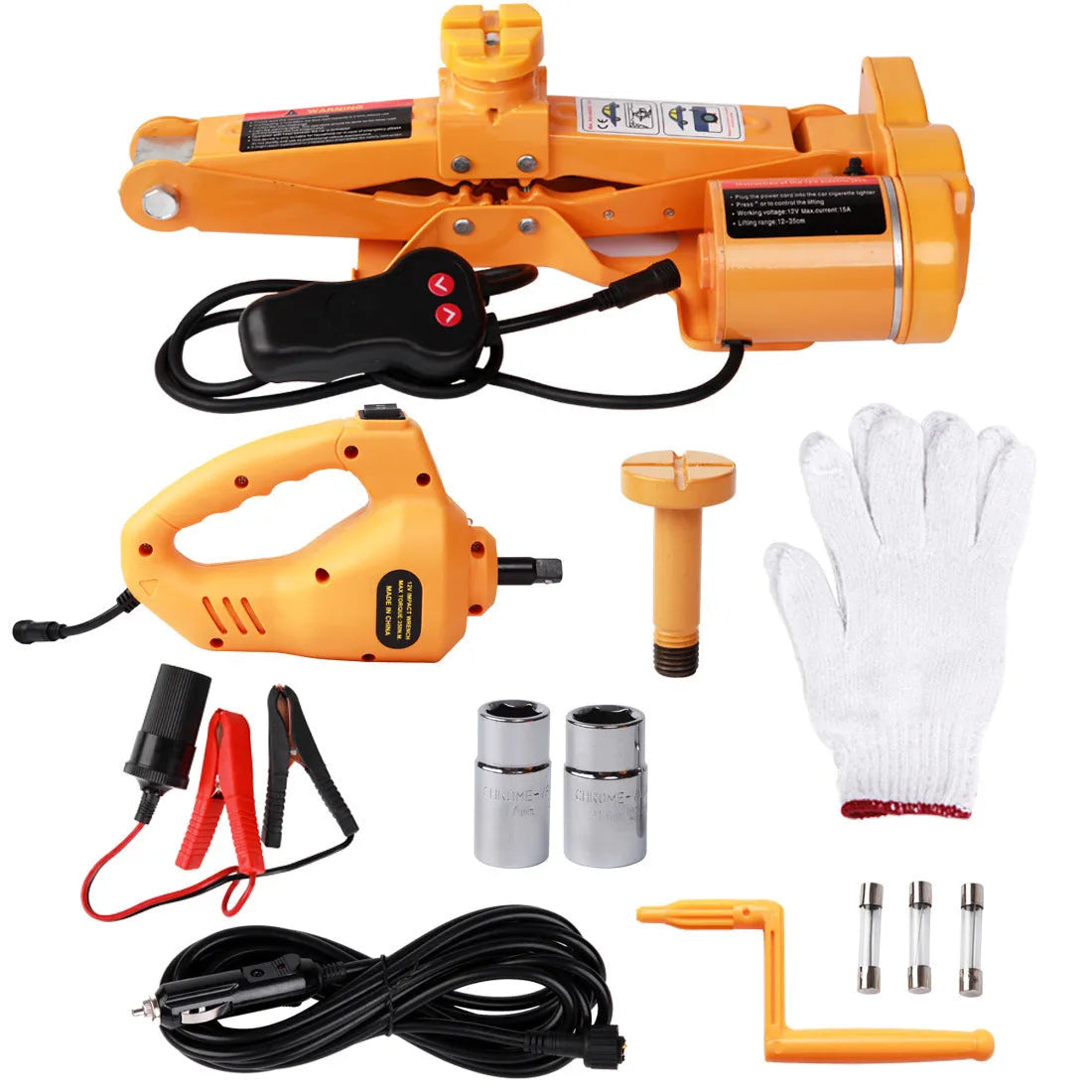 Yellow car electric jack set with electric wrench for vehicle maintenance