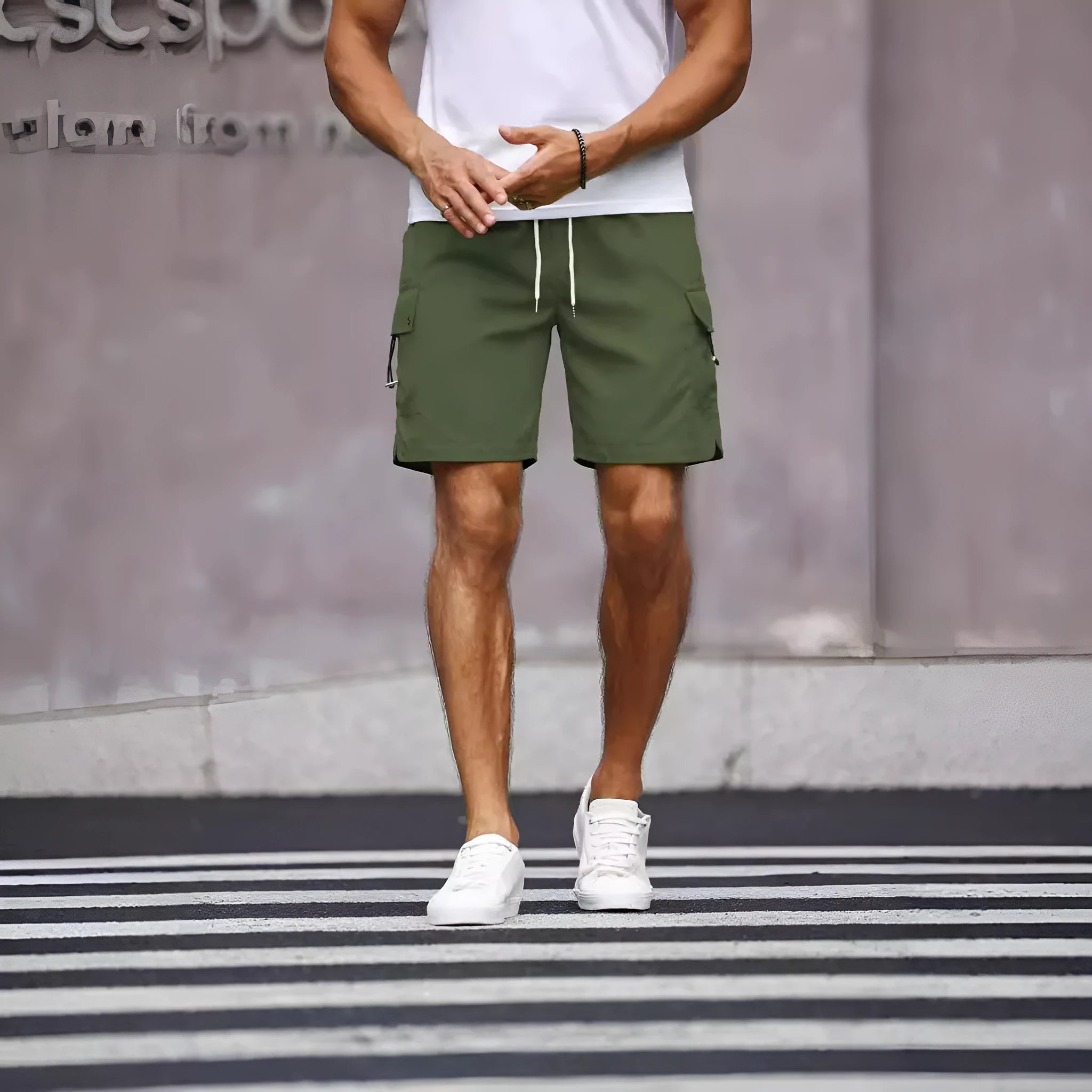 Men's loose fit workwear shorts in army green and fluorescent green colours with straight leg street style design
