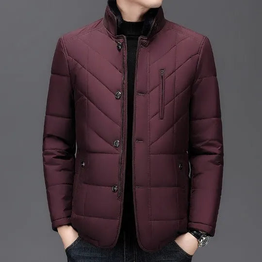 Men's dark blue cotton-padded winter short coat with side seam pockets