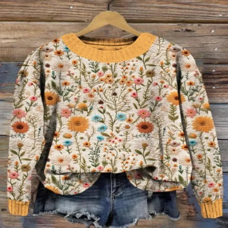 Little Flower digital printed round neck long sleeve sweater on a hanger