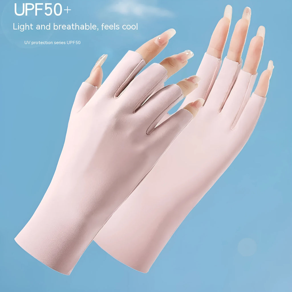 Women's ice silk sunscreen gloves with UPF50+ protection in multiple colour options