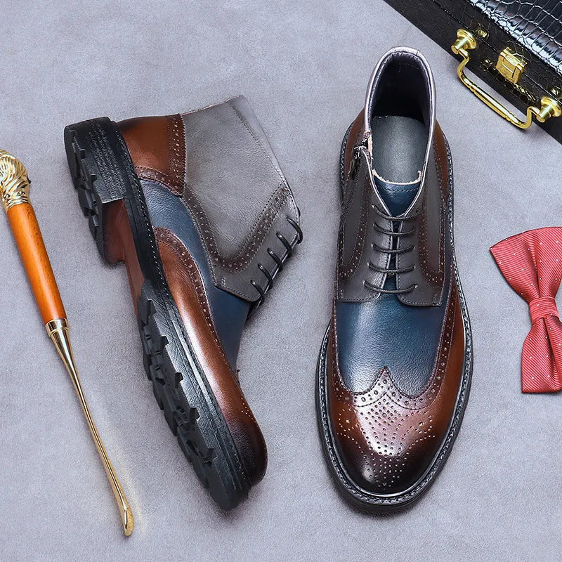 Men's curry blue and coffee blue cowhide leather brogue boots with round toe and front lacing
