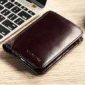 Men's leather wallet showing multiple compartments including banknote folder and card slots