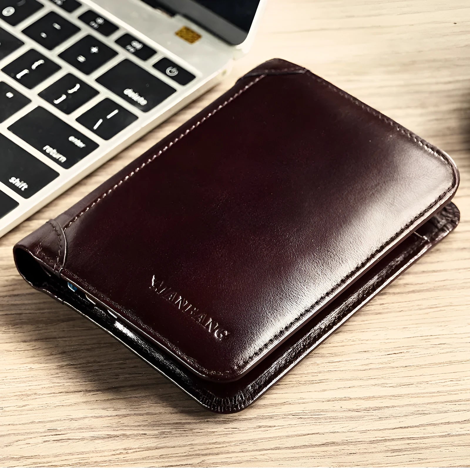 Men's leather wallet showing multiple compartments including banknote folder and card slots