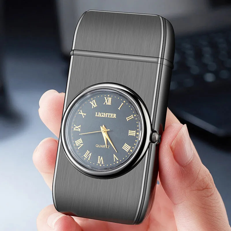 Electronic watch cigarette lighter with LED lamp in brushed metal finishes