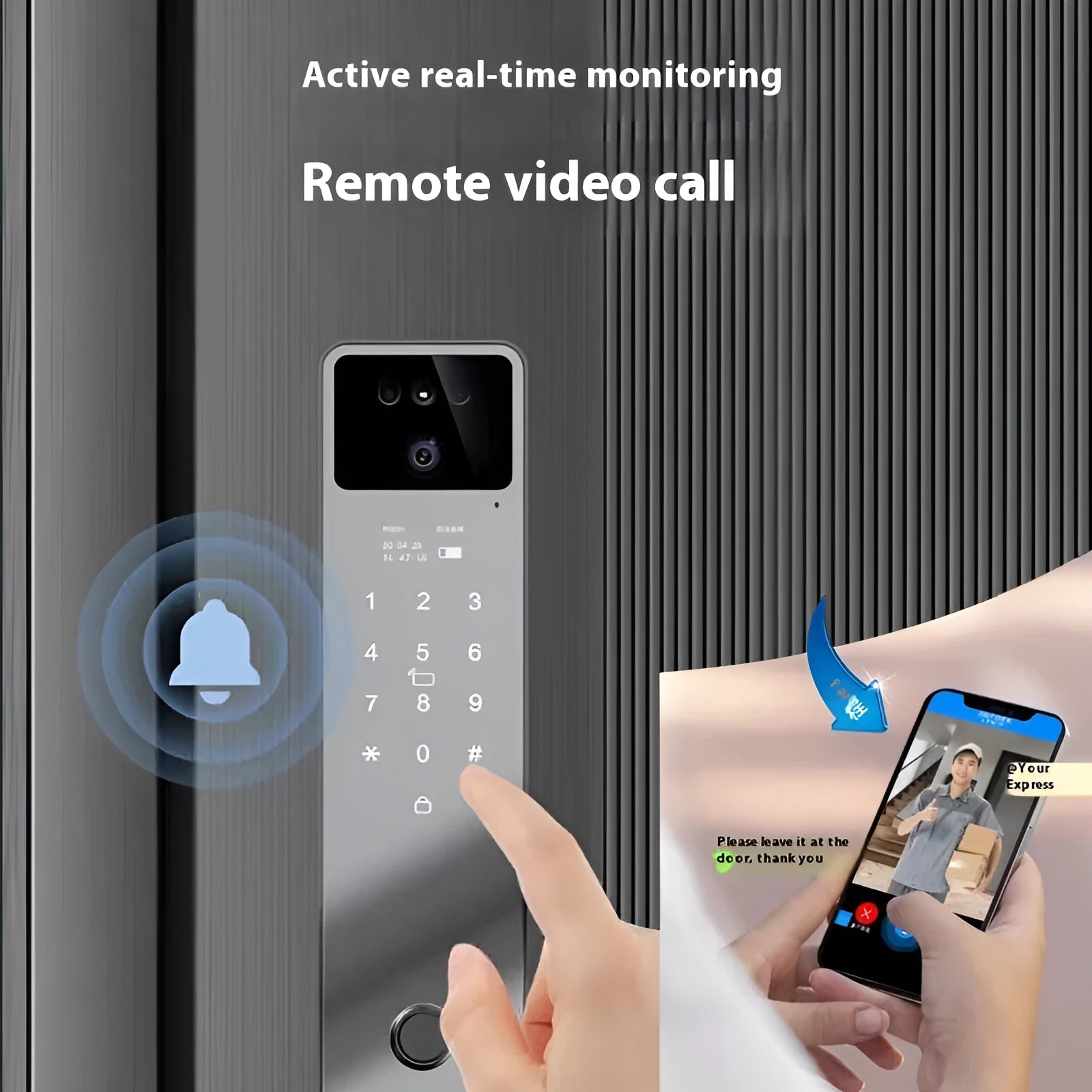 F7 face recognition fingerprint smart door lock in aluminium alloy housing on a wooden door.