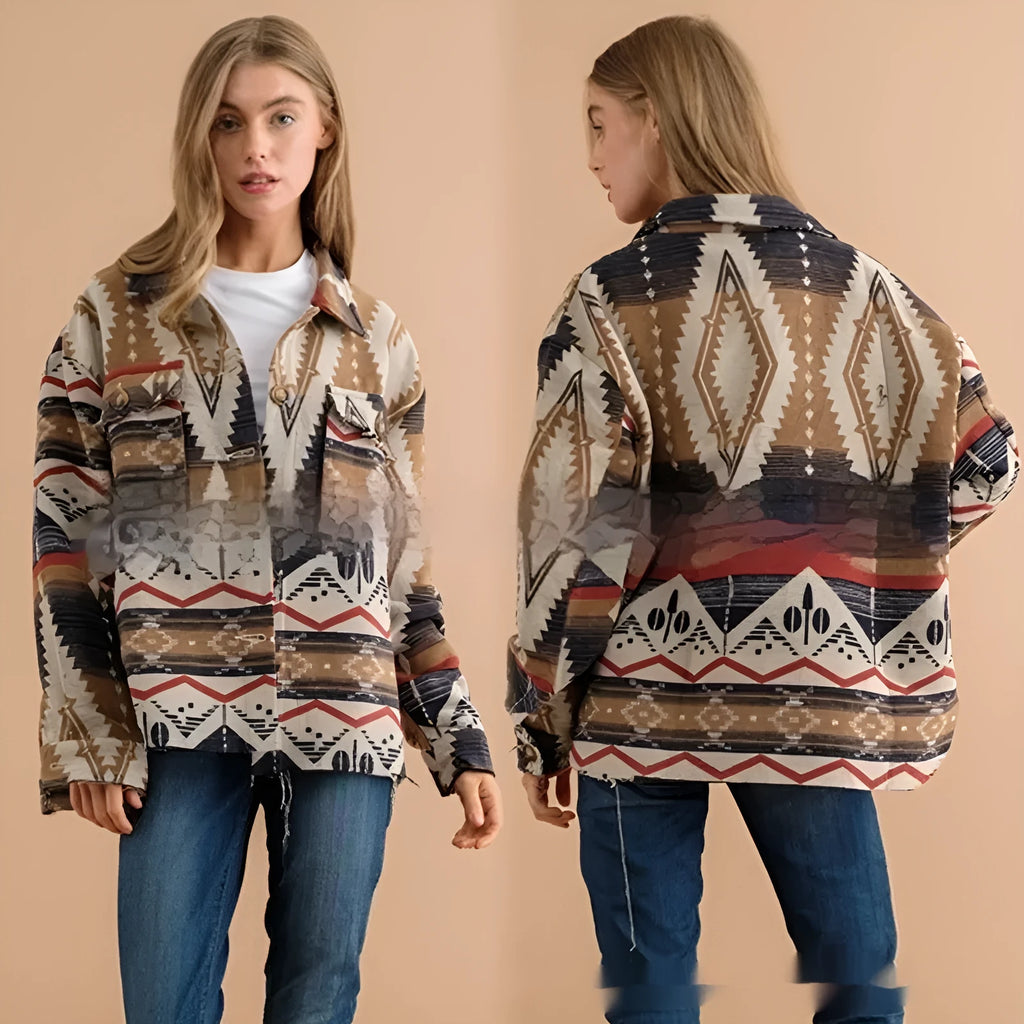 Women's retro style wool coat with Aztec print in Army Green colour showing loose fit and long sleeves