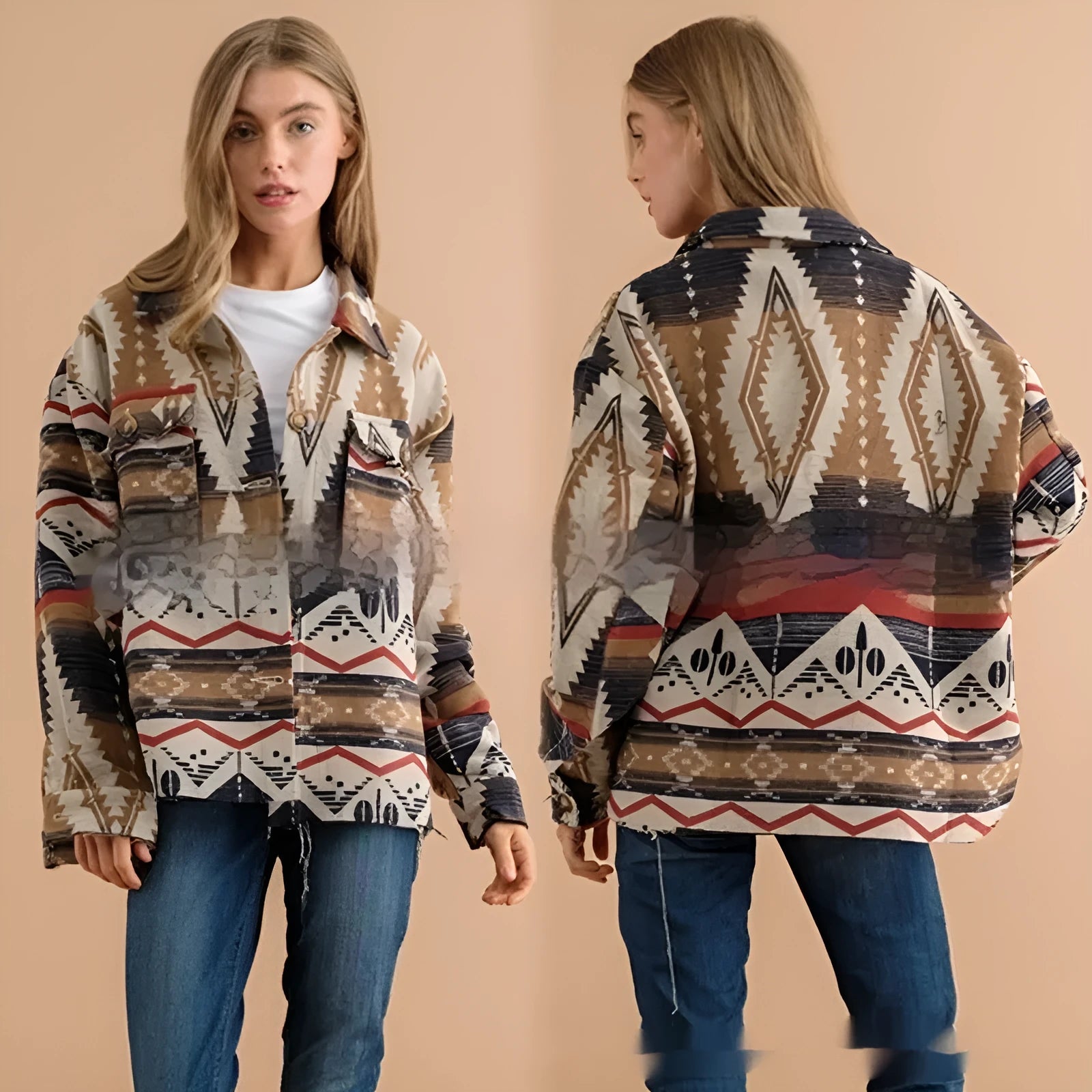 Women's retro style wool coat with Aztec print in Army Green colour showing loose fit and long sleeves
