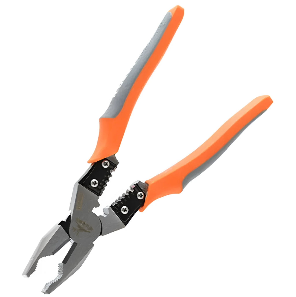 Orange-handled multi-function wire cutter pliers with chrome steel clamp head for stripping and cutting