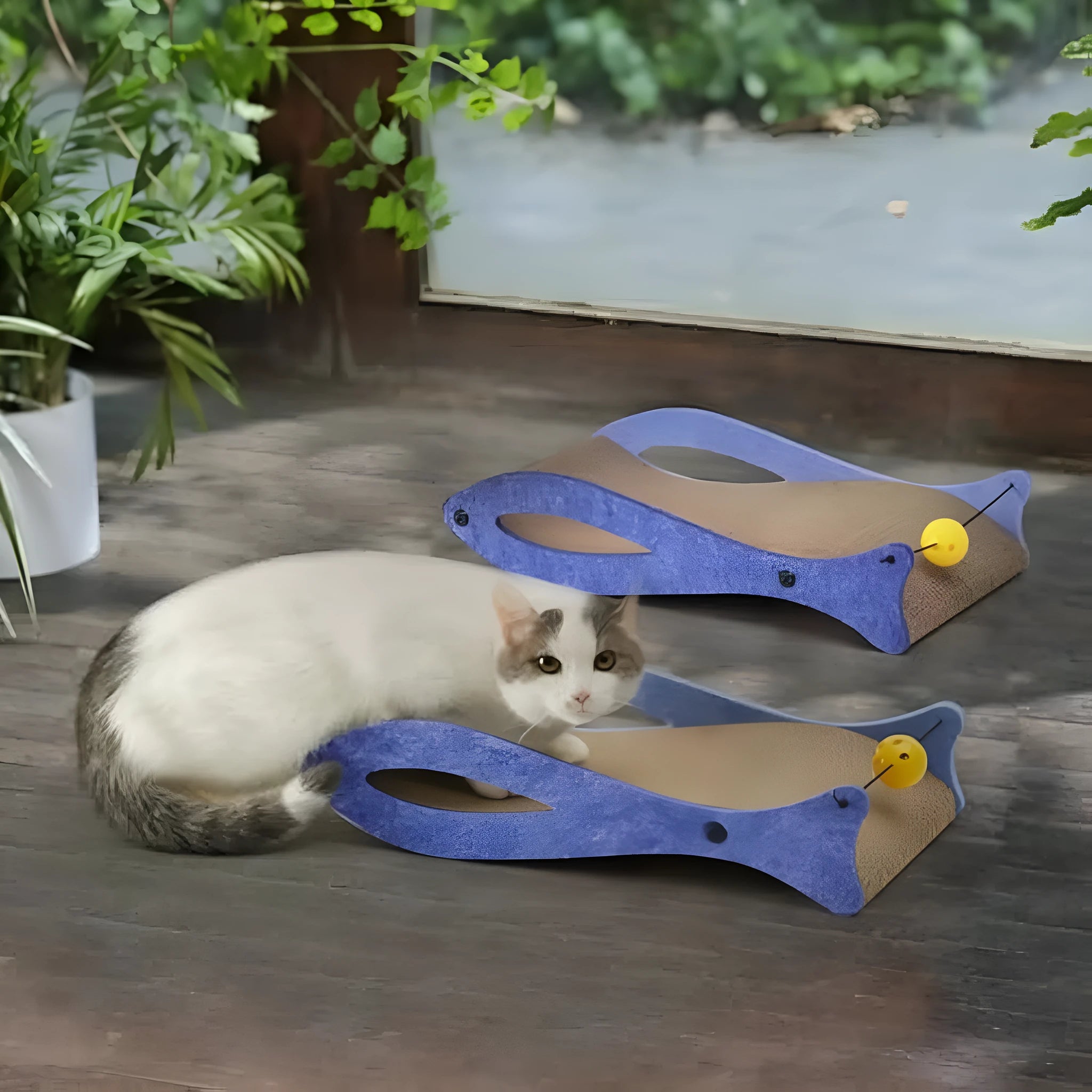 Blue fish-shaped cardboard cat scratcher lounge with bell toys on elastic cord
