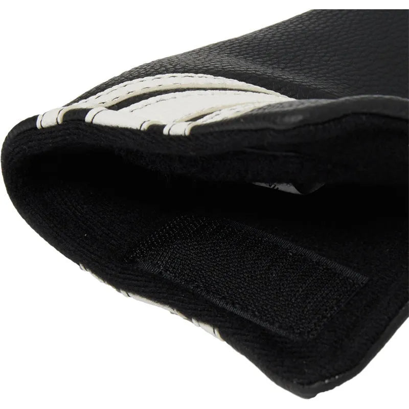 Black PU leather golf club head cover sleeve for protecting a single club shaft and head.