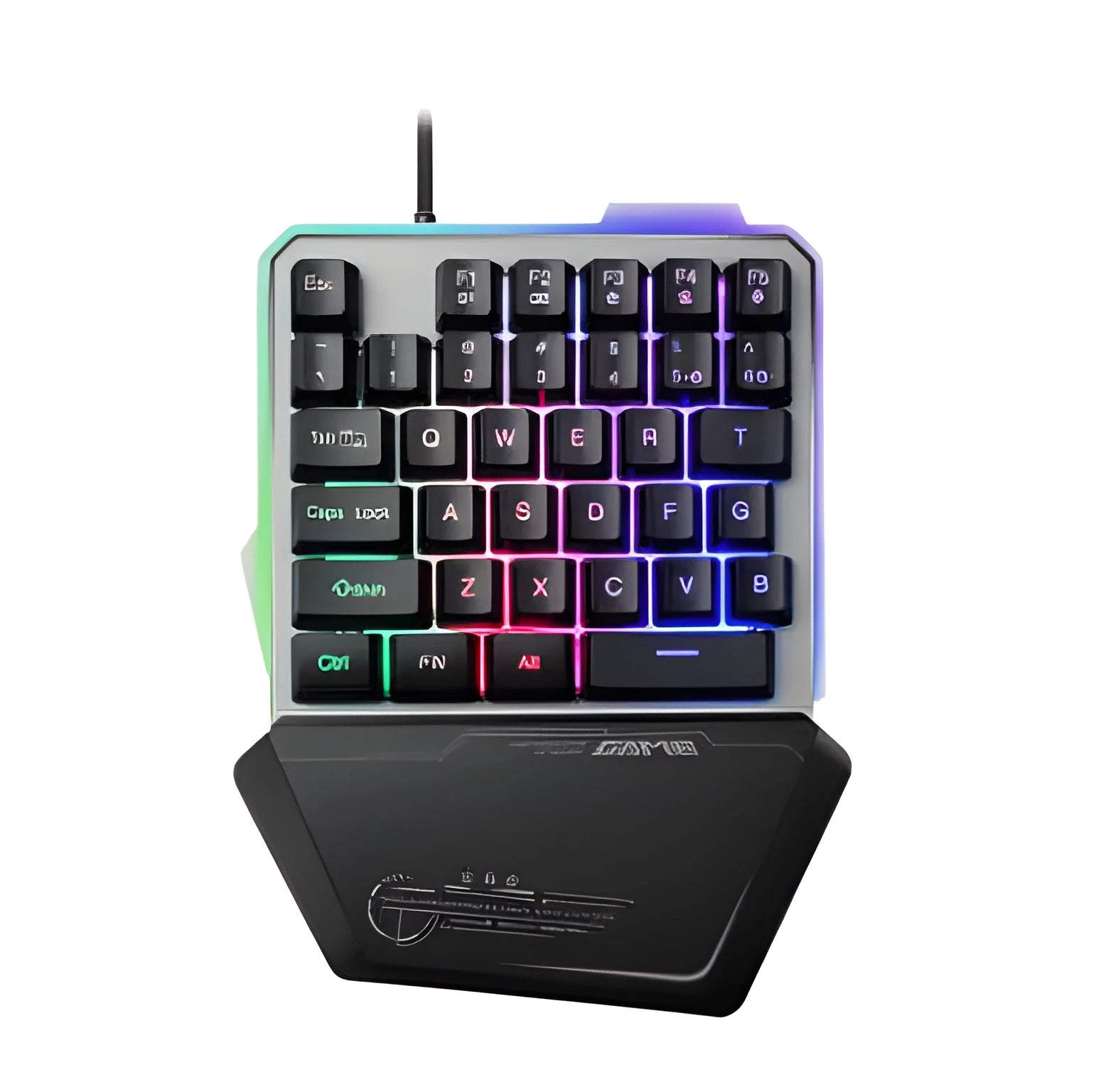 Black G40 Flow Colour one-handed mechanical keyboard with RGB backlit keys on a desk.