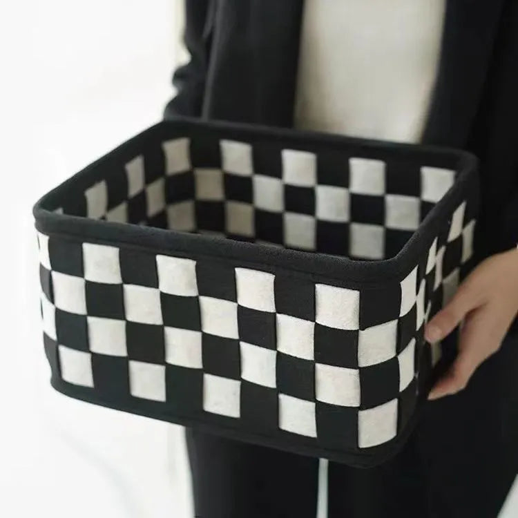 Grey checkerboard woven felt storage box folded flat showing dimensions 37x29x19.5cm