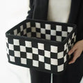 Grey checkerboard woven felt storage box folded flat showing dimensions 37x29x19.5cm