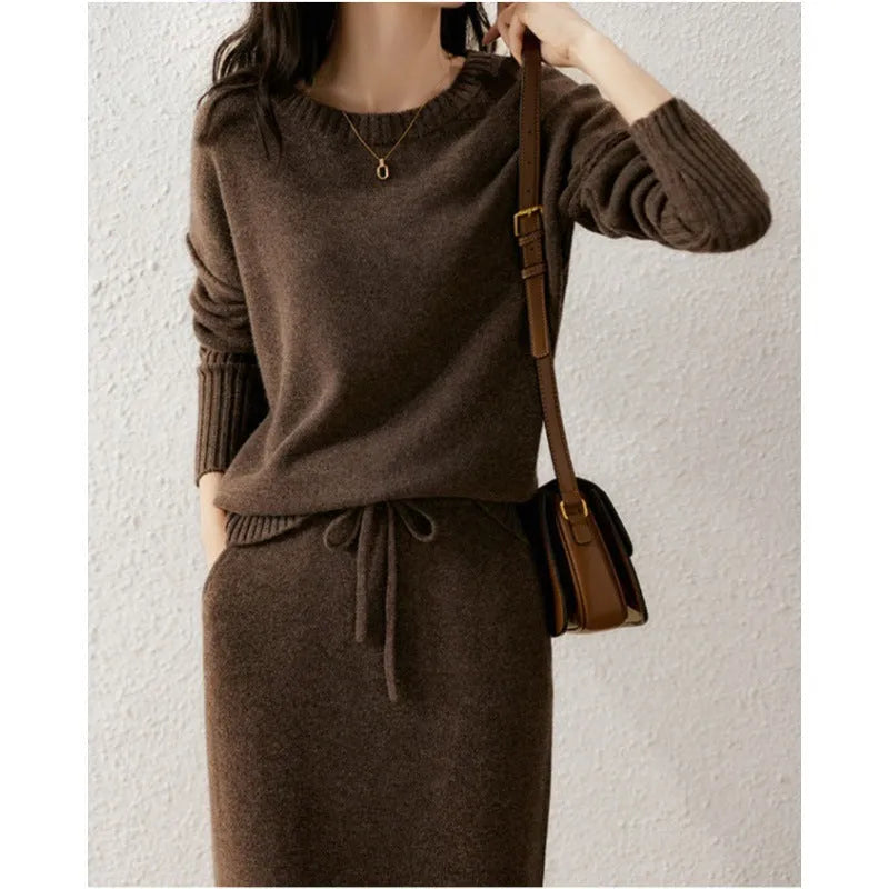 Women's knitted two-piece set with long-sleeve top and mid-length skirt in contrast colour tie-dye pattern, coffee and khaki options