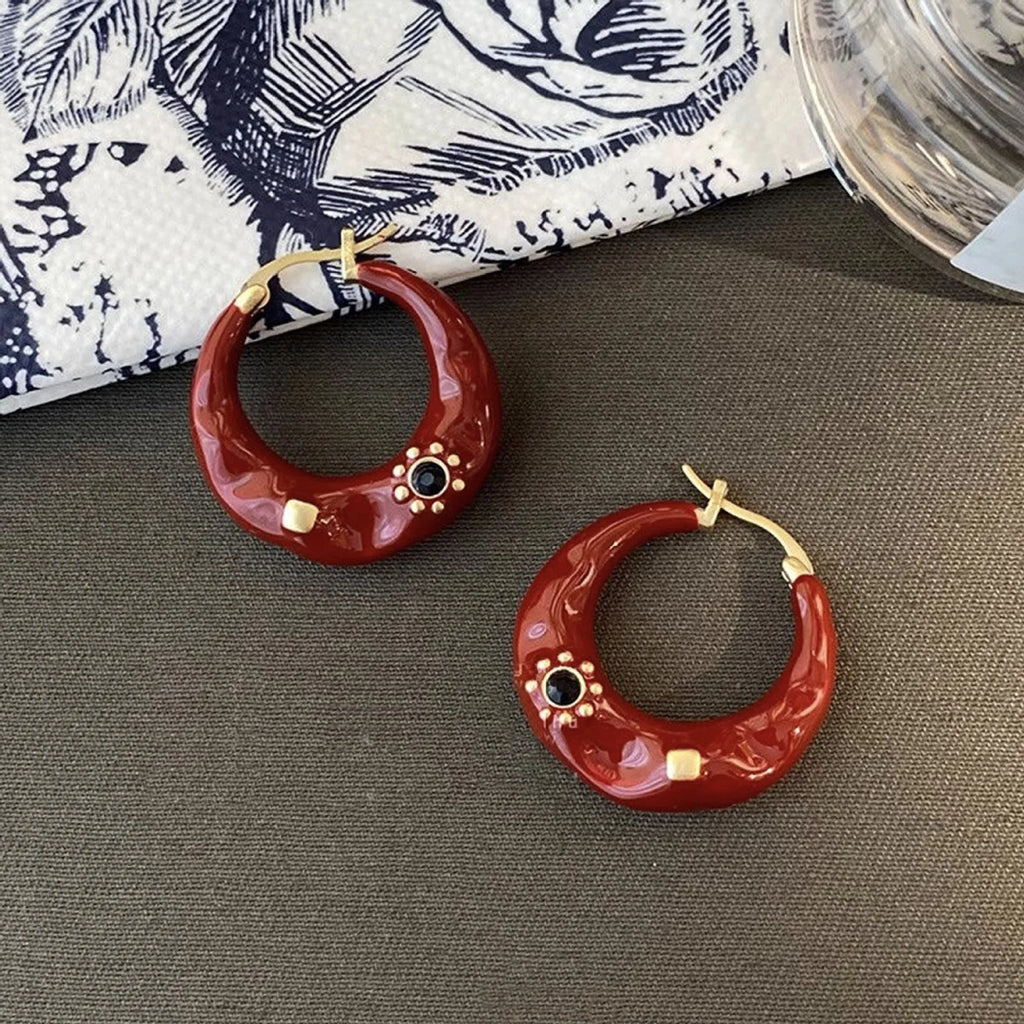 Hong Kong style retro ear studs with rhinestone detailing in black and red colour options