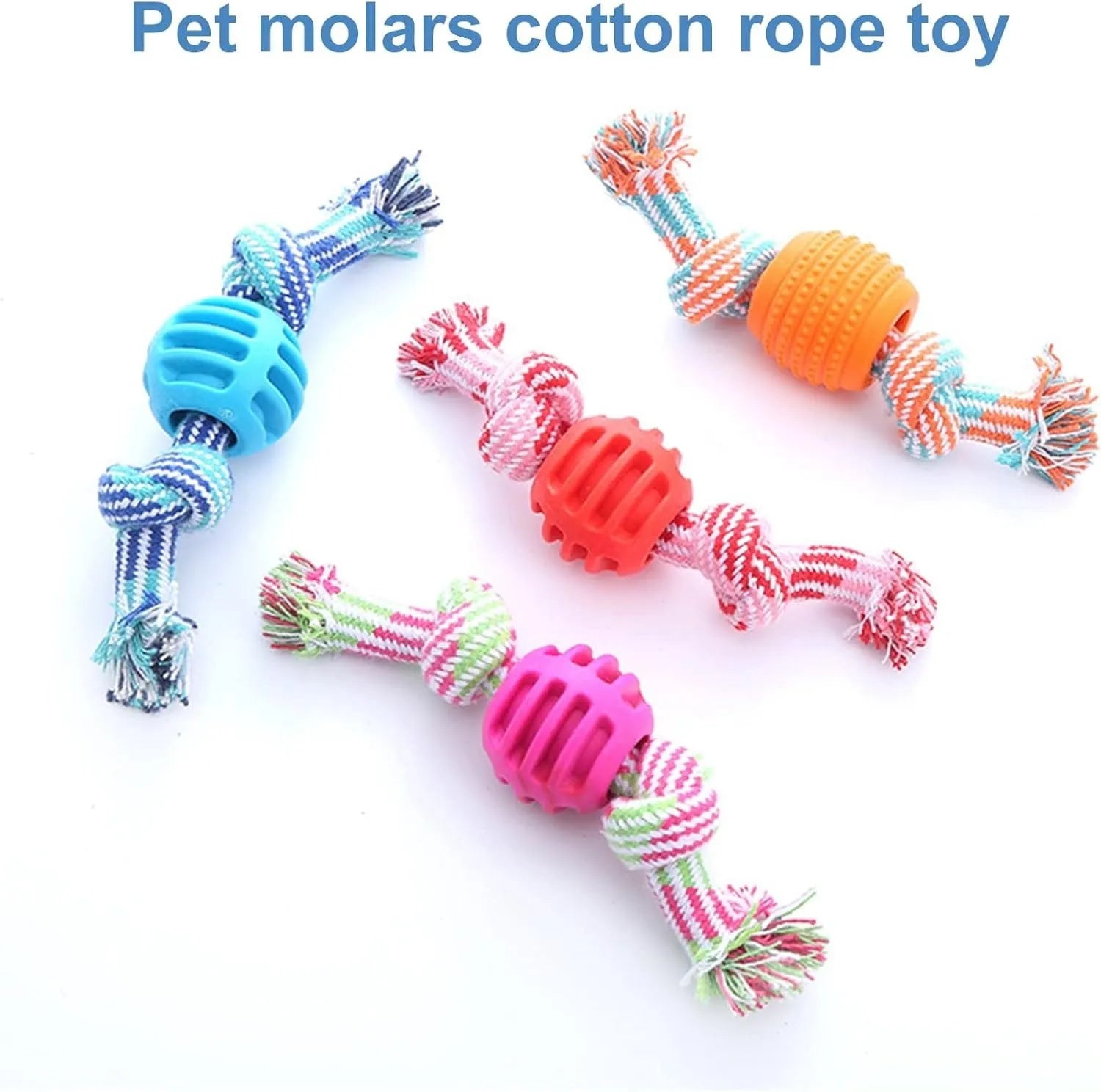 Blue molar-shaped dog chew toy with rope strands for dental cleaning