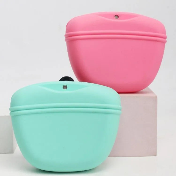 Silicone dog training treat waist bag with clip and magnetic closure in assorted colours.