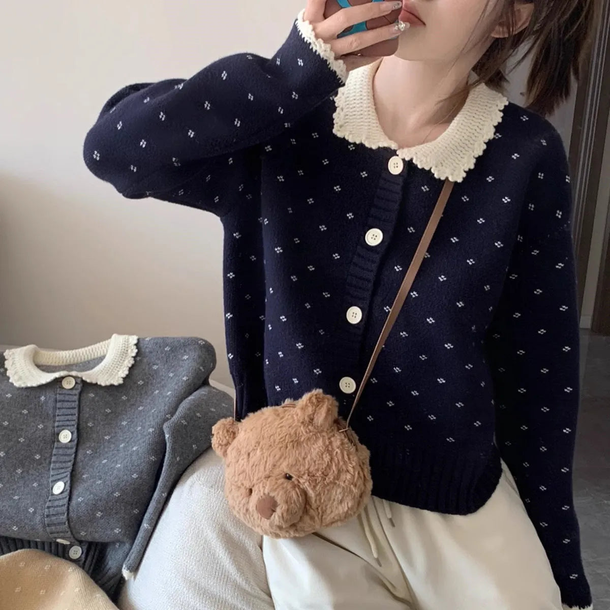 Women's floral embroidered Peter Pan collar cardigan coat in cashmere-blend polyester fabric