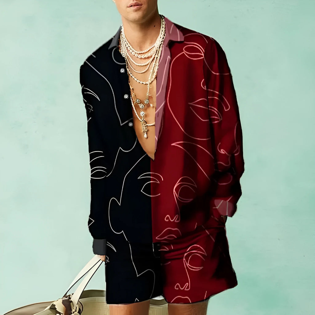 Men's slim fit casual summer outfit showing long sleeve polyester shirt and matching shorts.