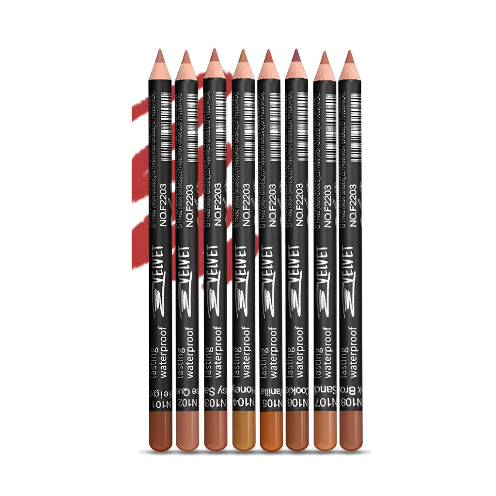 Matte finish lip liner pencil in a wooden case with shade numbers 201 to 214 shown