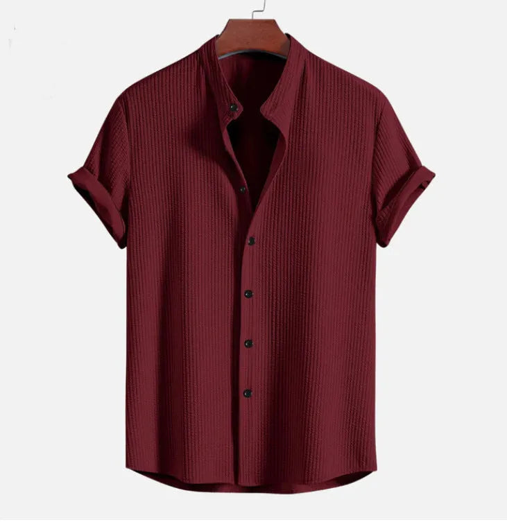 Mens loose fit short sleeve shirt in summer colours including wine red, dark green and light blue