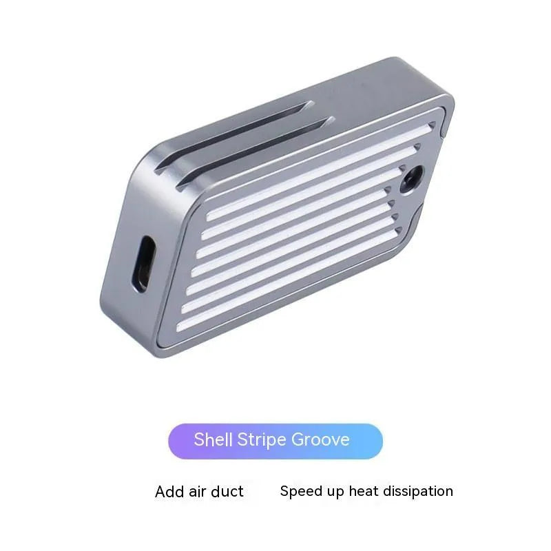 Aluminium alloy M.2 SSD external enclosure showing compact size and USB-C port.