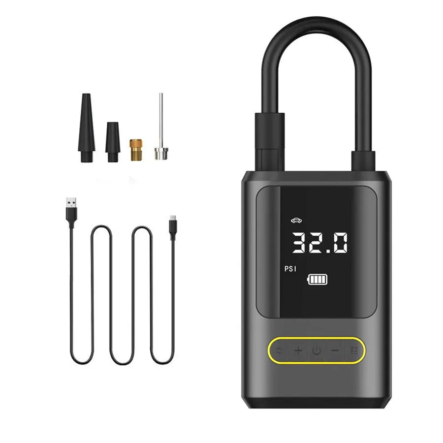 Handheld wireless digital display car tyre inflator pump with LED light and air hose