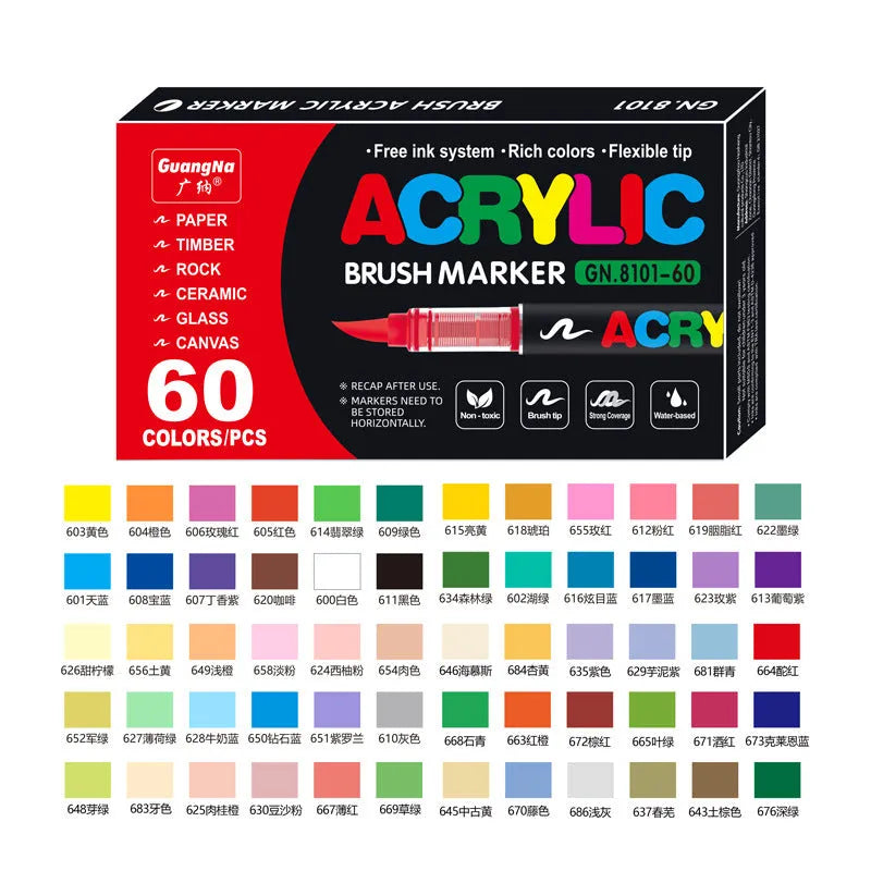 Set of straight liquid acrylic marker pens with soft flexible tips in multiple colour options