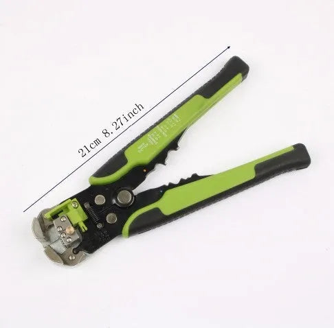 Yellow automatic wire stripper and crimping tool with self-adjusting jaws and integrated cutter