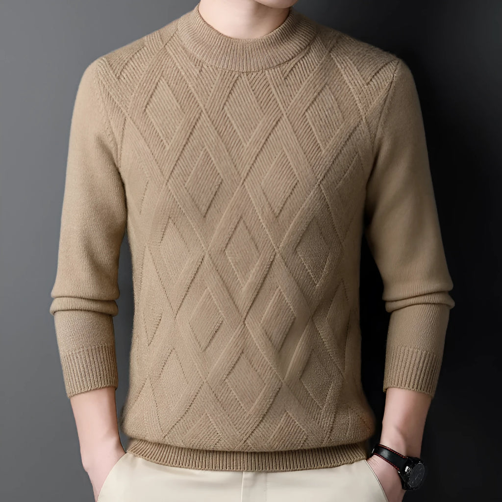 Men's diamond jacquard thermal pullover sweater in multiple colours showing textured pattern.