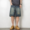 Men's blue denim shorts with retro loose hole design and straight cut
